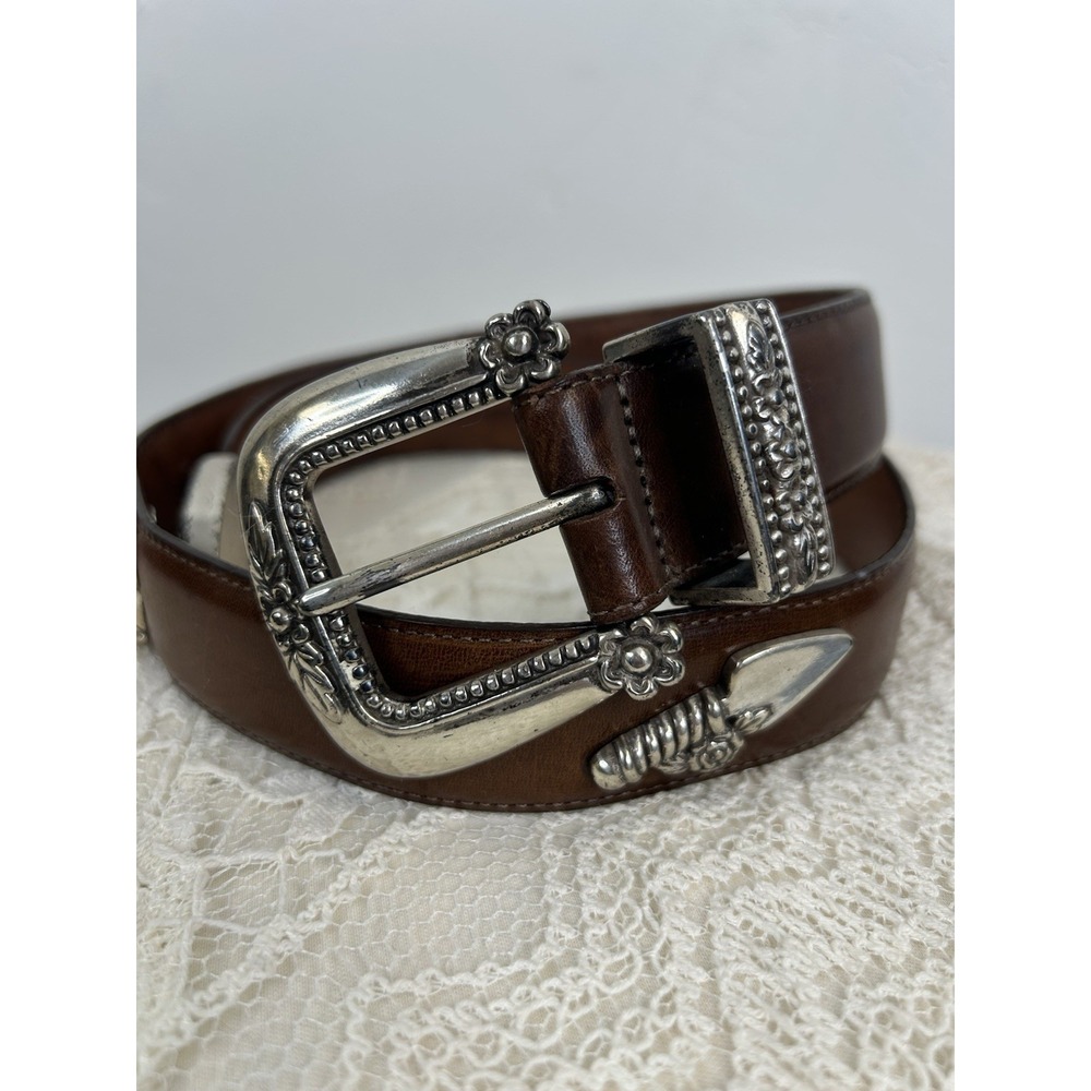 Garden Flower Vintage Leather Belt Size M Talbots Made In USA Nature Boho Brown